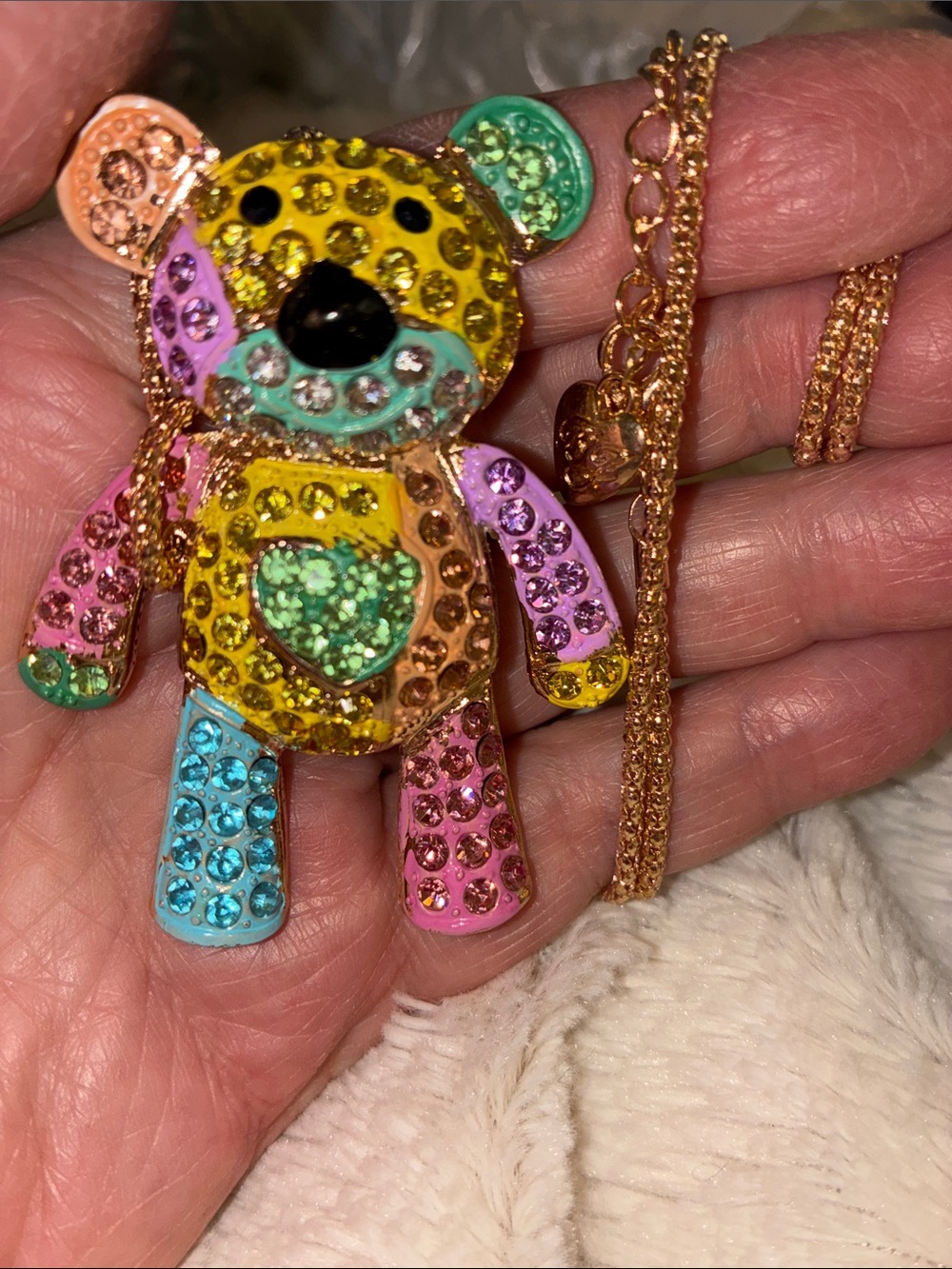 Gold-Tone Multicolor Sparkle Teddy Pendant Necklace - Kid friendly